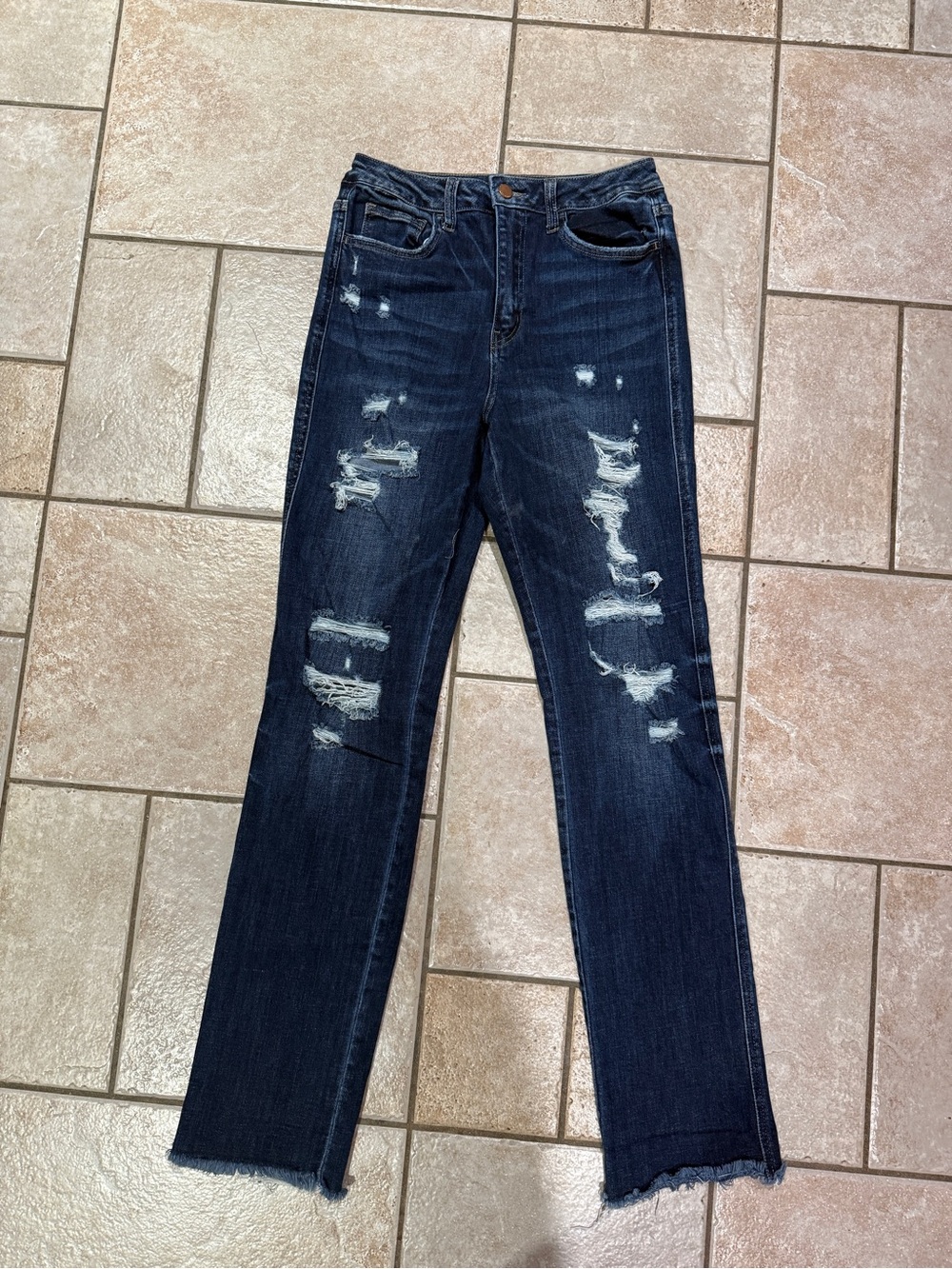 Flying Monkey Dark Wash Distressed Straight Leg Jeans. 32” inseam